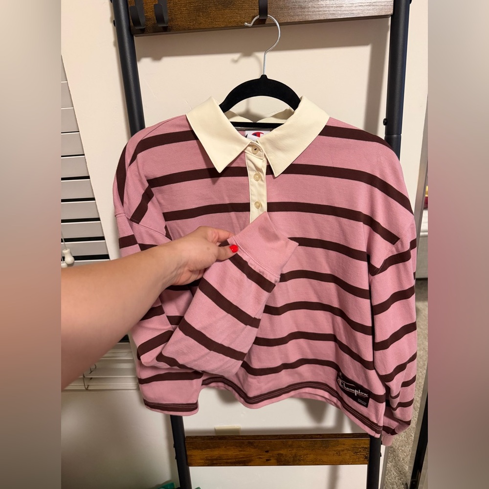 Pink and Brown/ Maroon Striped Long Sleeve Polo Shirt